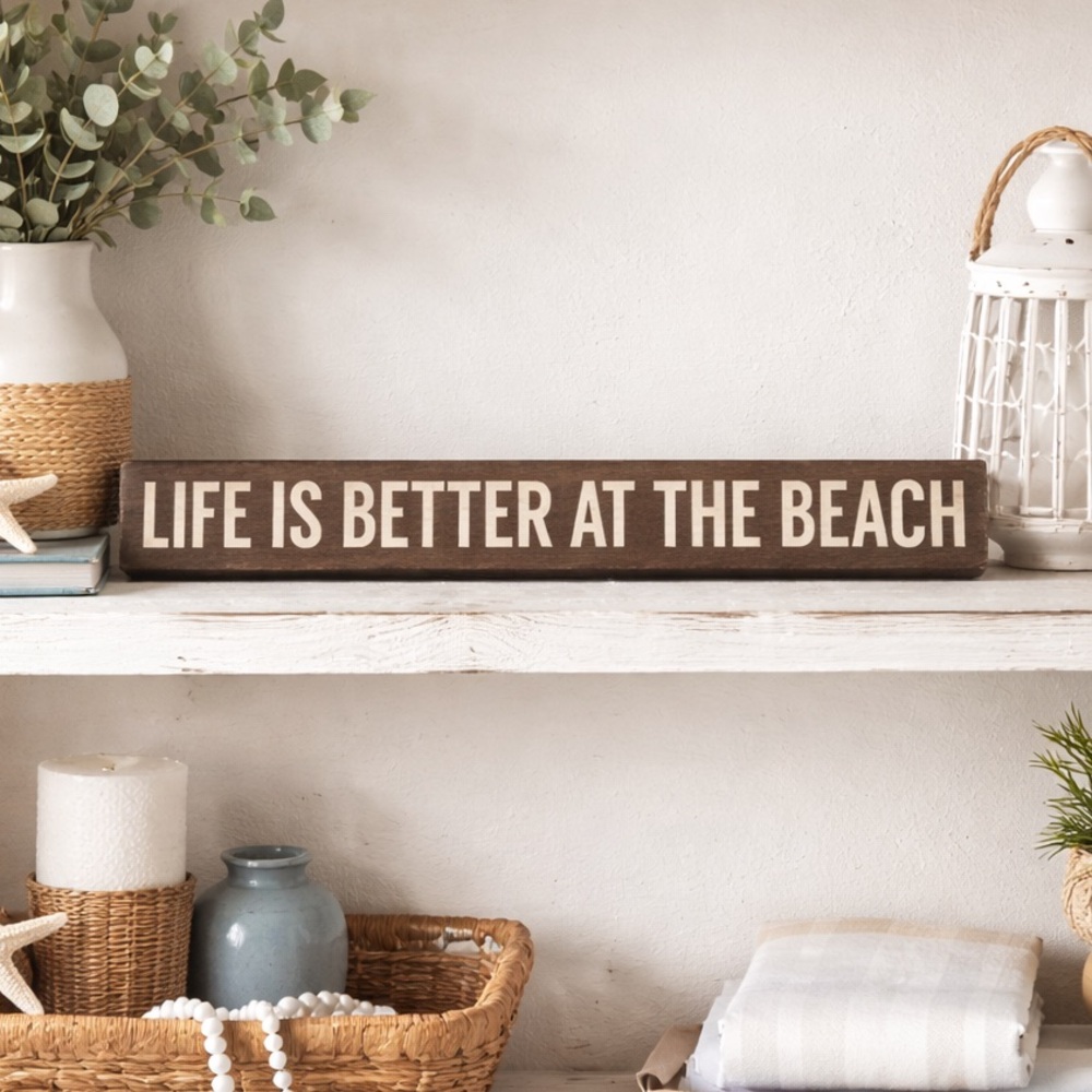 “Life Is Better At The Beach” Wooden Wall Sign - Brown & Cream